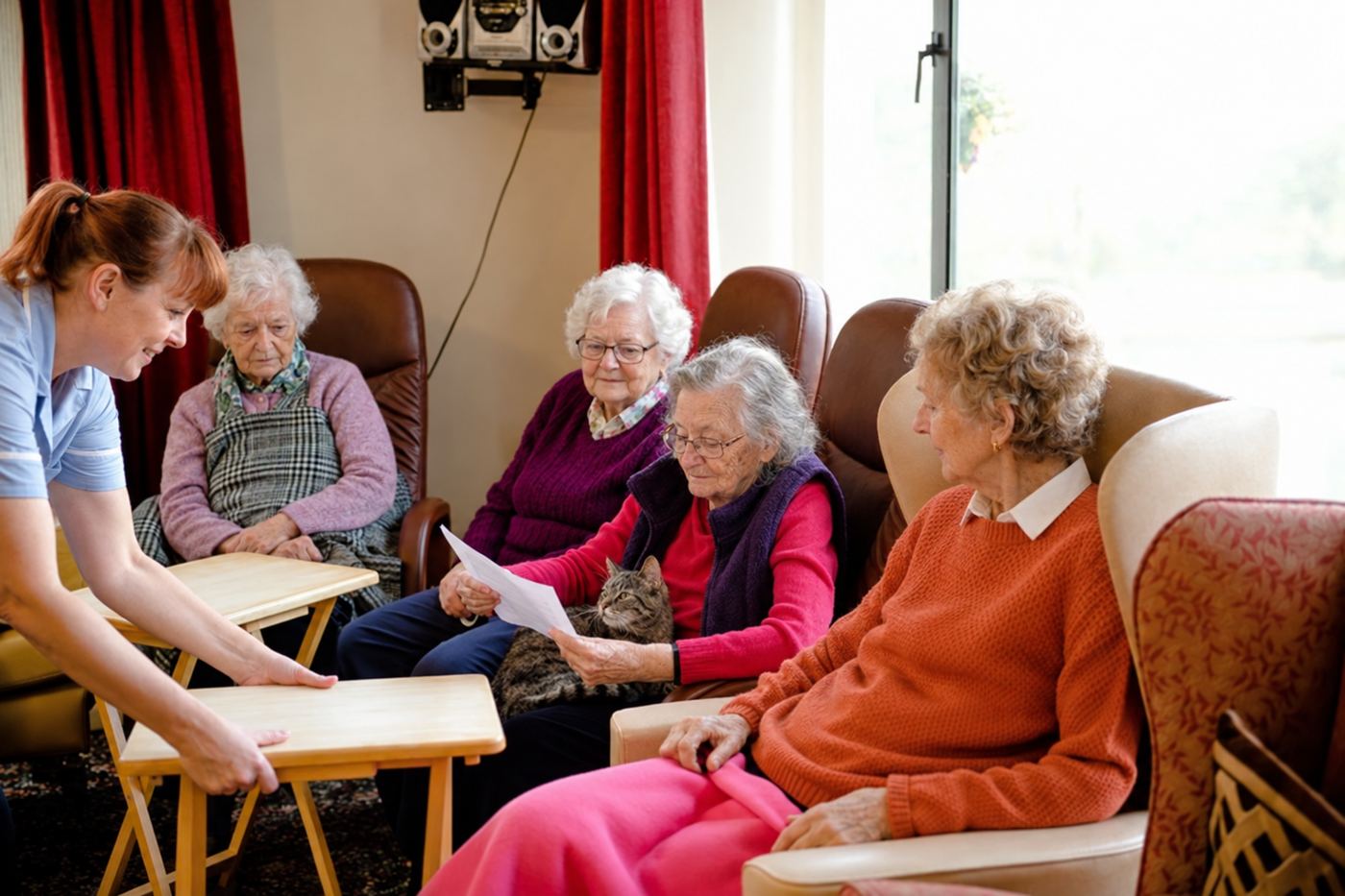 Residents reading in armchairs in a lounge while a carer sets out a table.