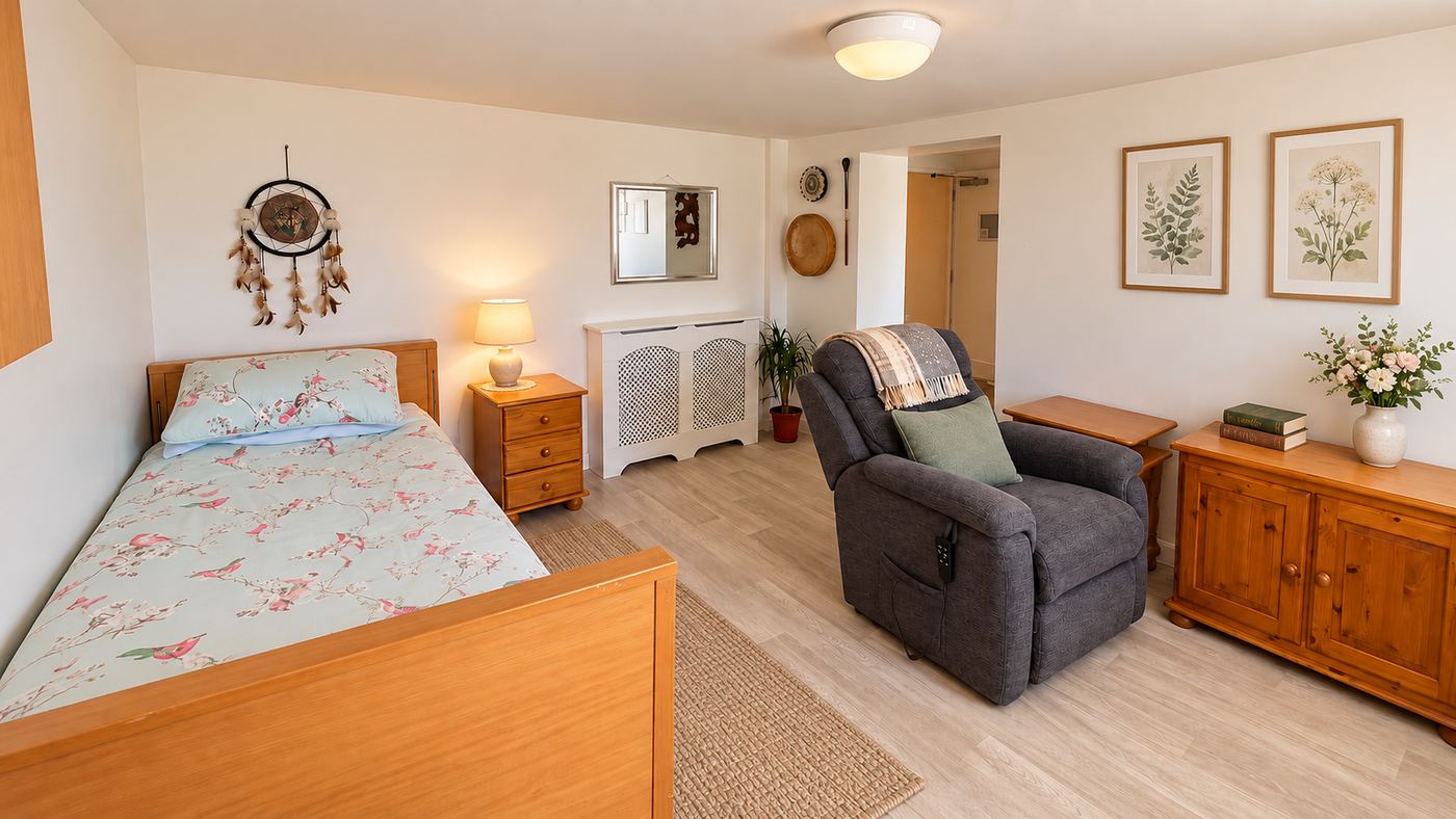 A resident’s room at Higher Park Lodge, with a single bed, a riser recliner chair, wooden furniture and pictures on the walls.